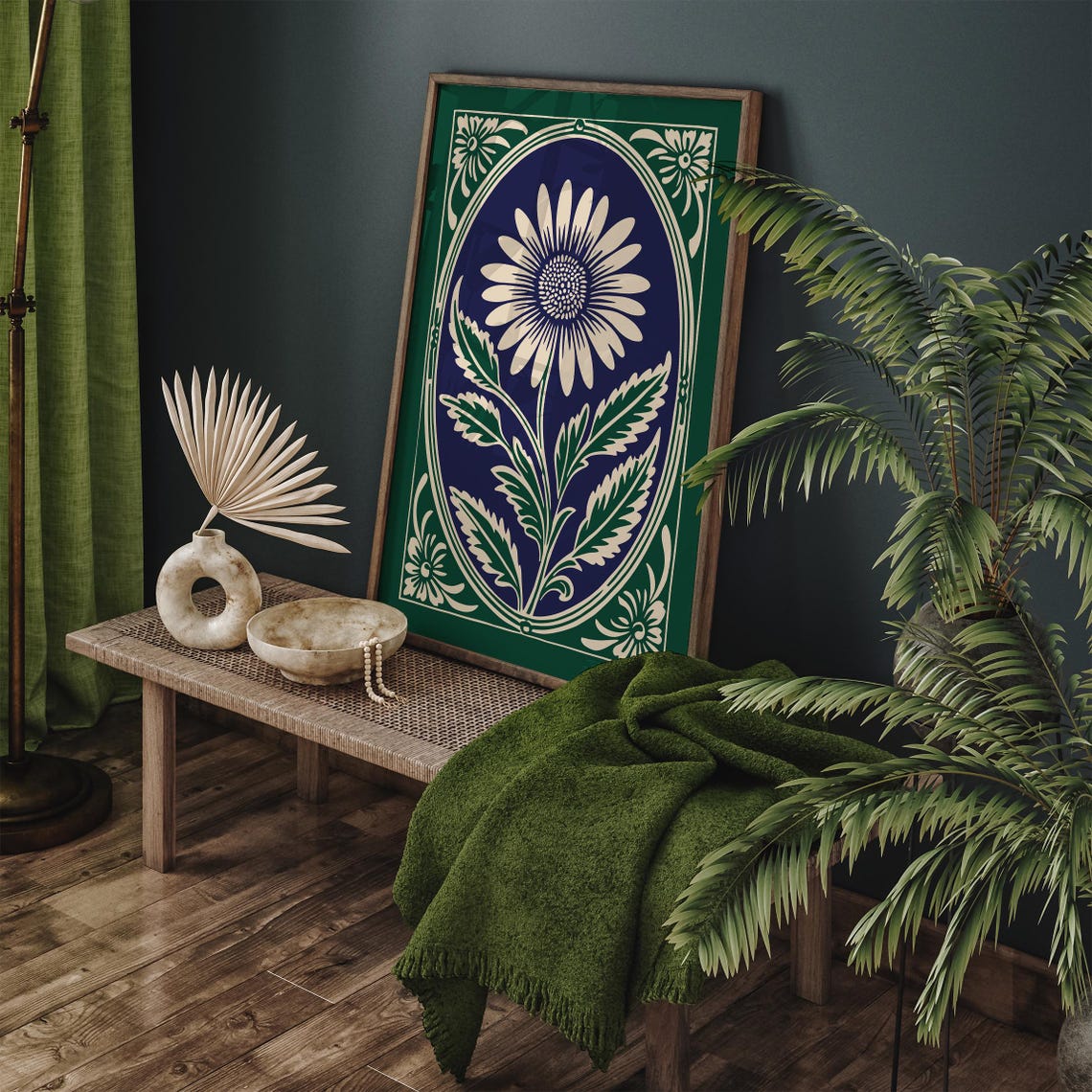 Green Rococo Daisy White Bloom Navy Elegant Botanical Poster - Image 6