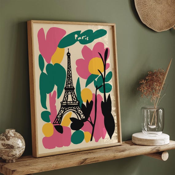 Vibrant Paris Eiffel Tower Poster Modern Abstract Floral Wall Art Bold Colorful Botanical Design Trendy Parisian Home Decor