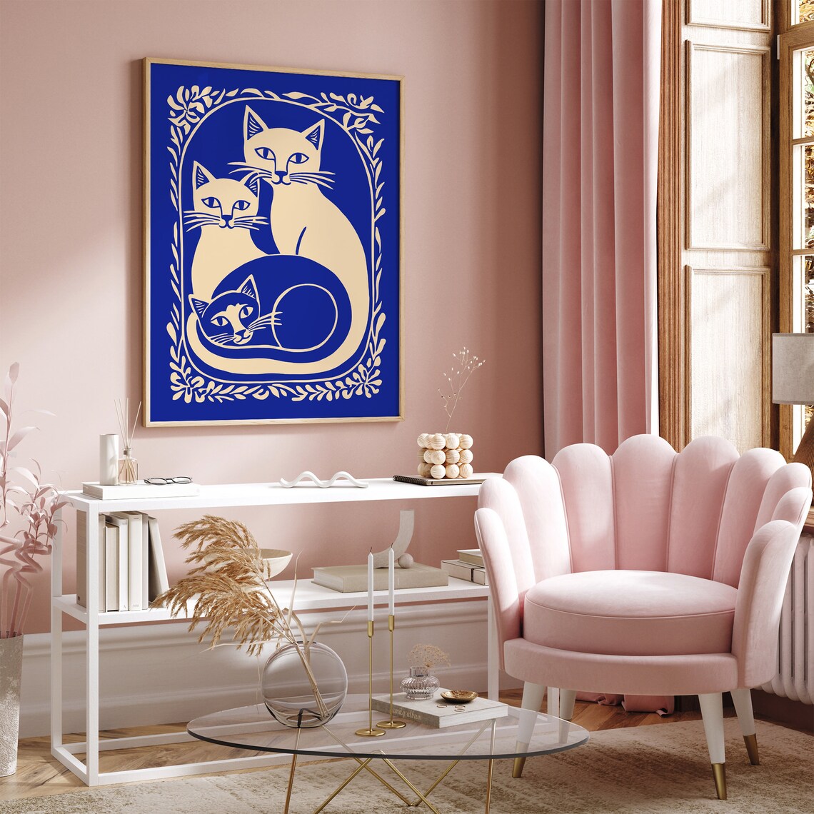 Blue and Cream Cat Trio Floral Frame Whimsical Style Art Poster - Image 5