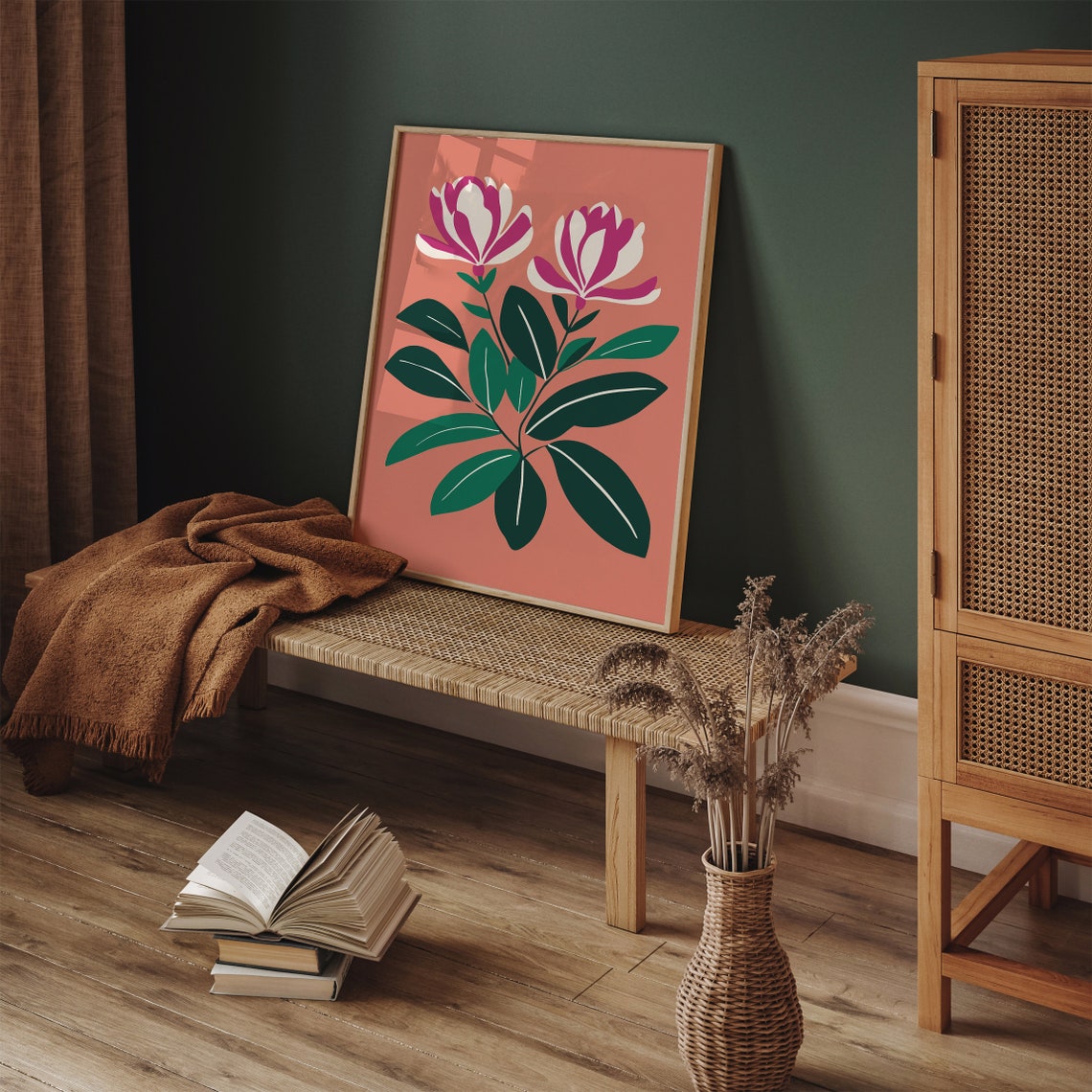 Pink Rhododendron Botanical Floral Art Print on Coral Background - Image 4