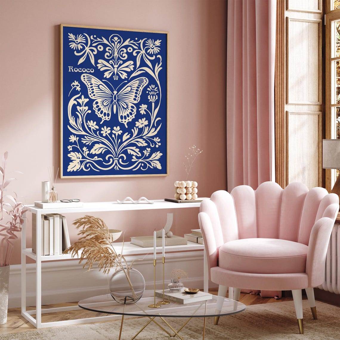 Rococo Blue And Cream Butterfly Botanical Illustration Poster - Image 4