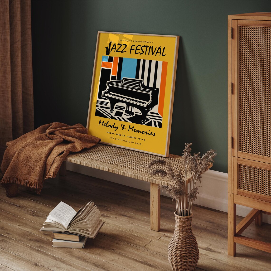Bright Yellow Melody & Memories Retro Jazz Festival Piano Poster - Image 2
