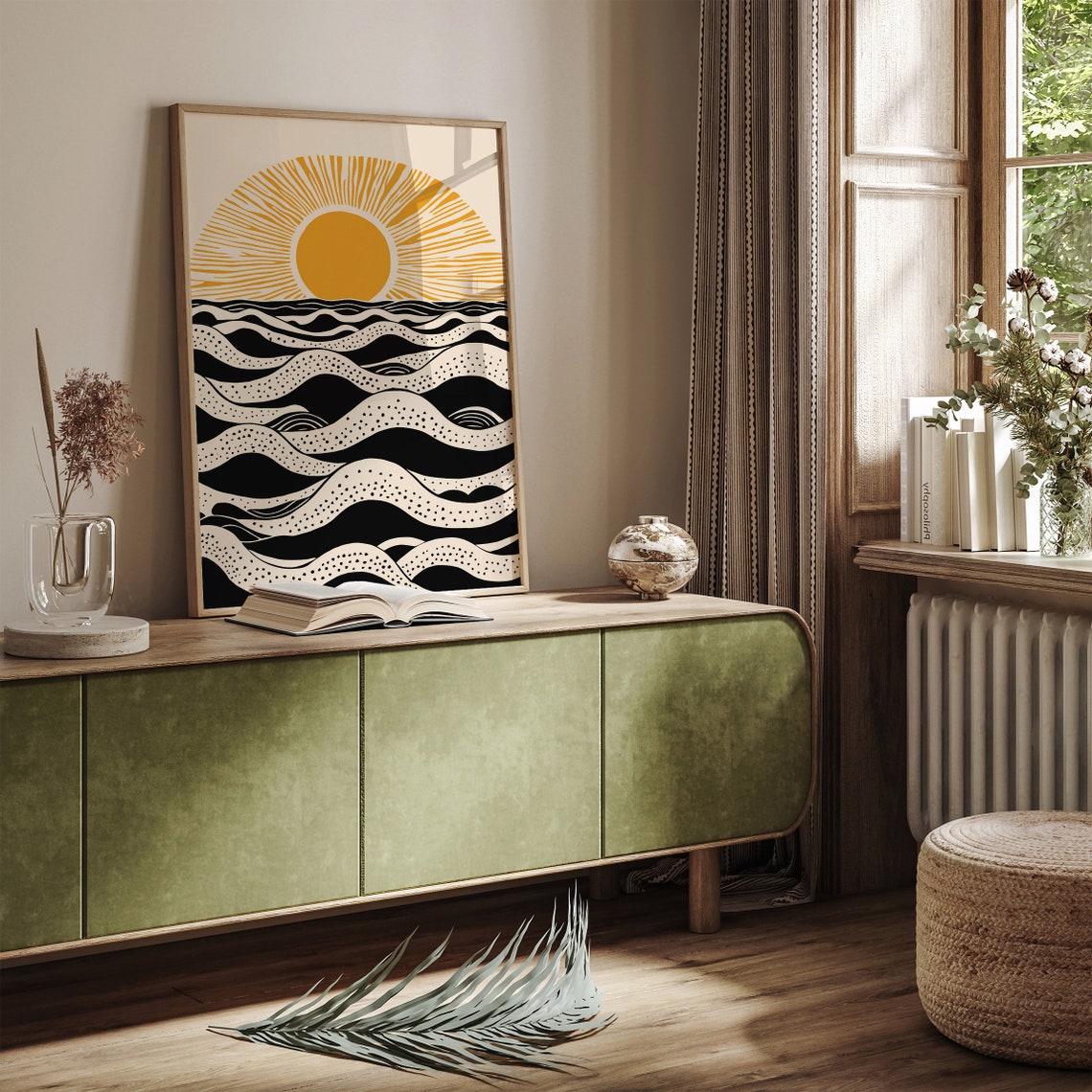 Abstract Sun Over Ocean Waves Boho Coastal Linocut Style Poster - Image 3