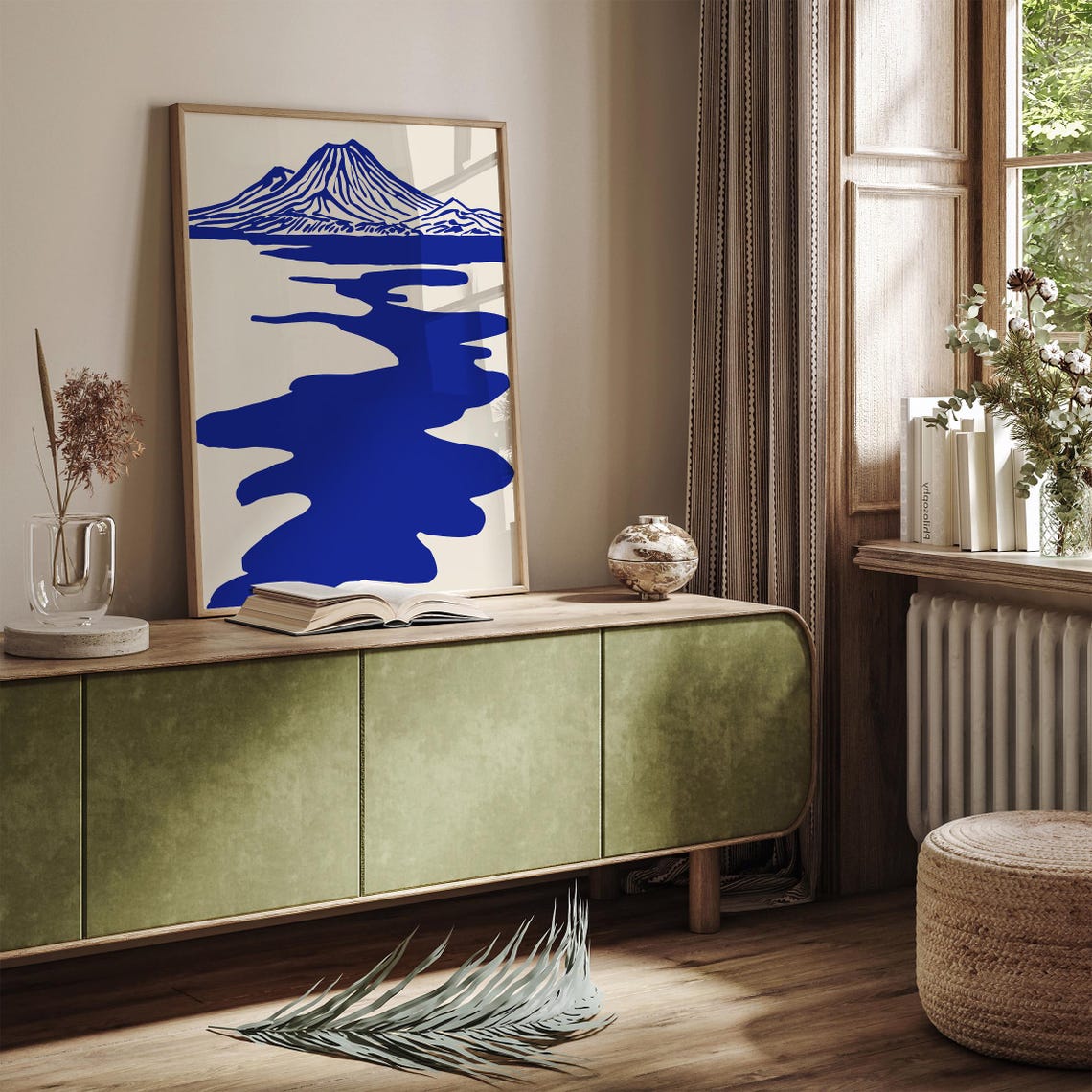 Blue Volcano Mountain Lake Reflection Minimalist Style Art Poster - Image 2