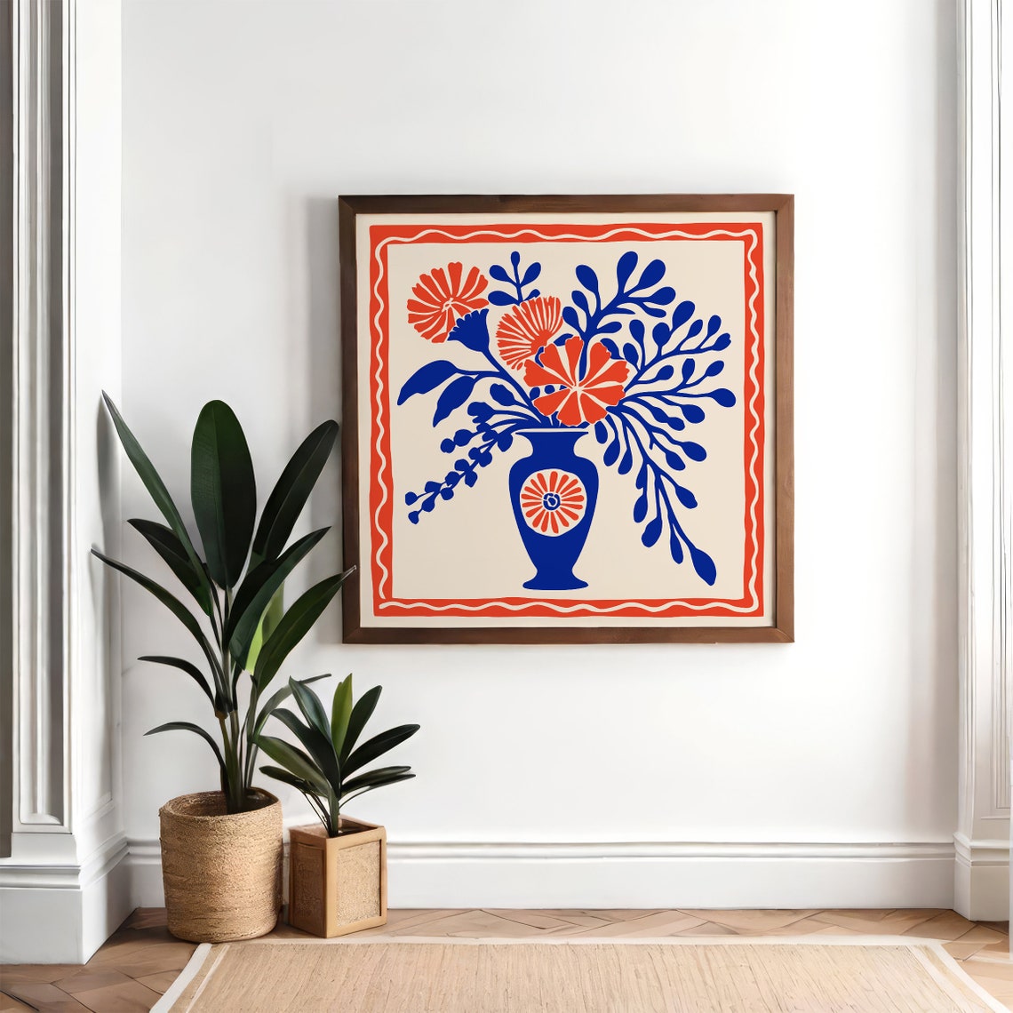 Blue Vase Red Flowers Retro Botanical Square Framed Wall Art - Image 6