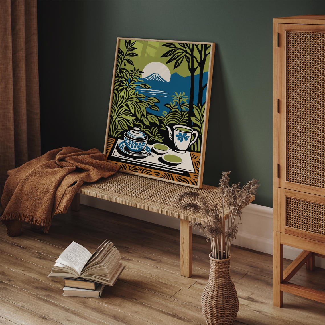 Matcha Tea Set with Mount Fuji Moon Lake Japanese Zen Scene Poster - Image 4