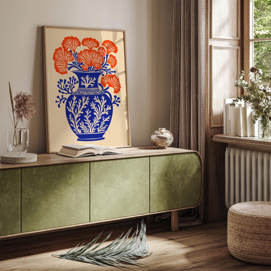 Bold Cobalt Blue Vase Orange Coral Flowers Botanical Wall Poster - Image 5