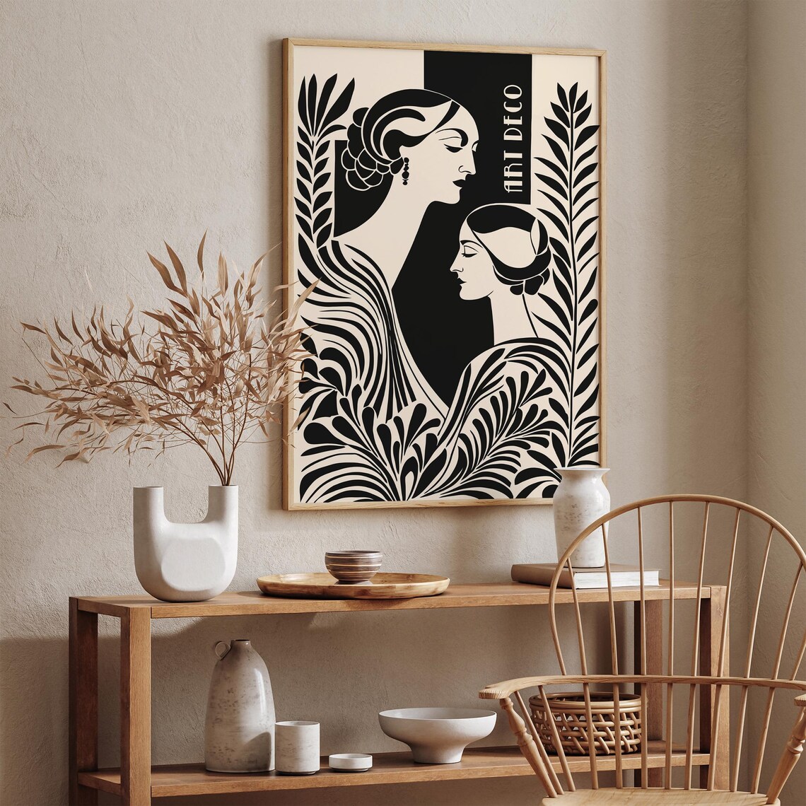 Art Deco Double Profile Women Black Beige Elegant Art Poster - Image 2