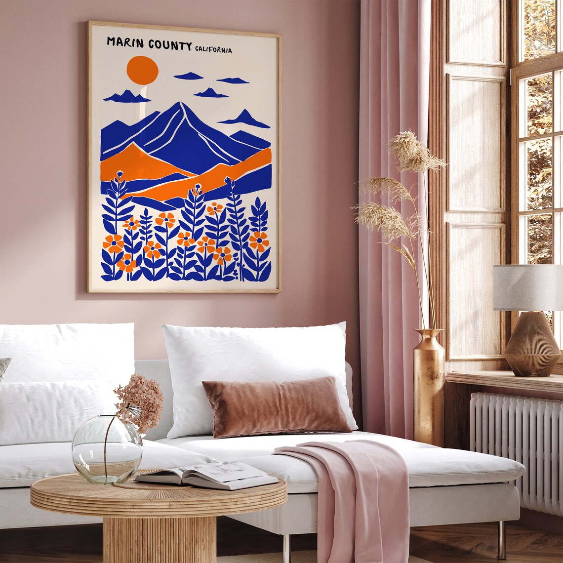 Marin County California Blue Orange Mountain Landscape Poster - Image 3