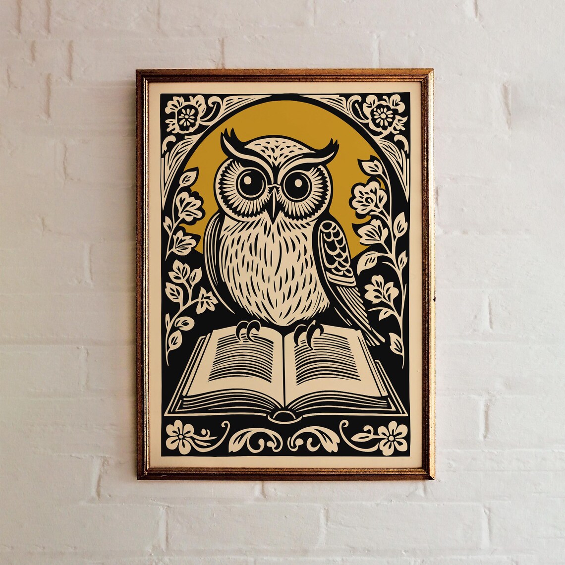 Mustard Yellow Owl Reading Book Linocut Library Decor Poster