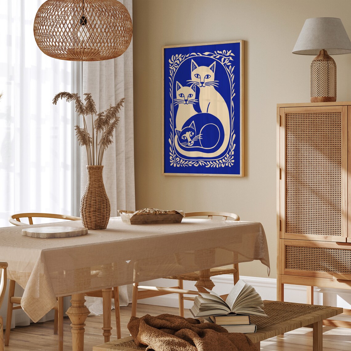 Blue and Cream Cat Trio Floral Frame Whimsical Style Art Poster - Image 3