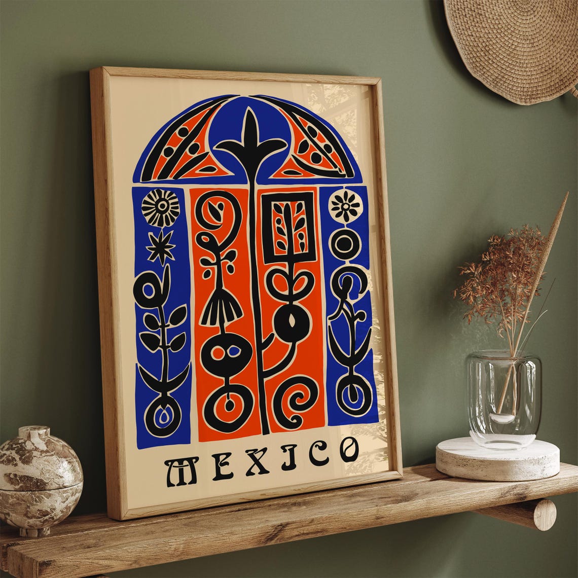 Mexico Orange Blue Folk Art Pattern Cultural Heritage Art Print