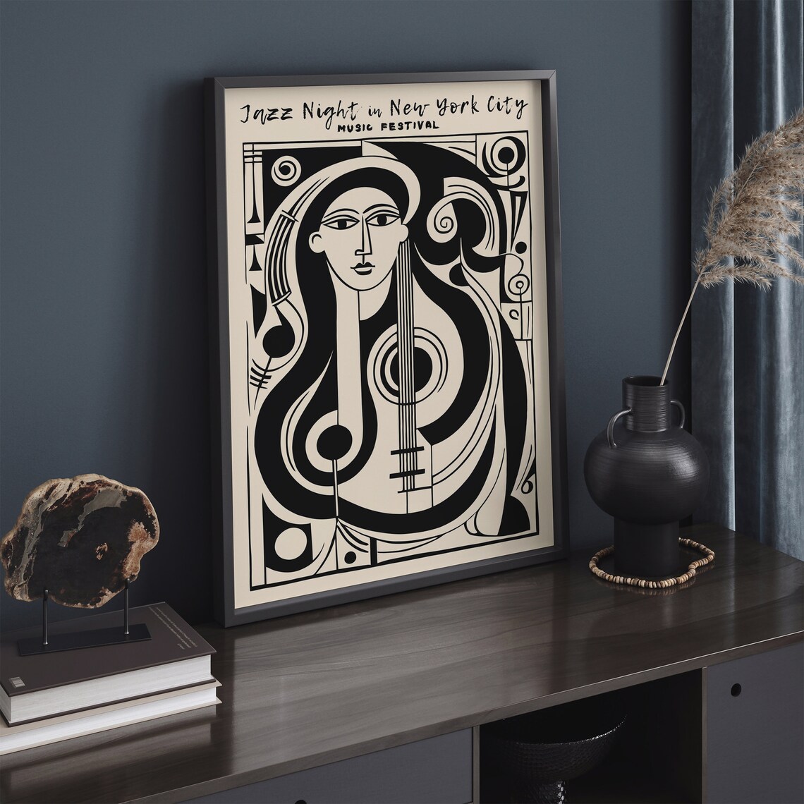 Striking Monochrome Jazz Night New York City Cubist Guitar Poster - Image 4