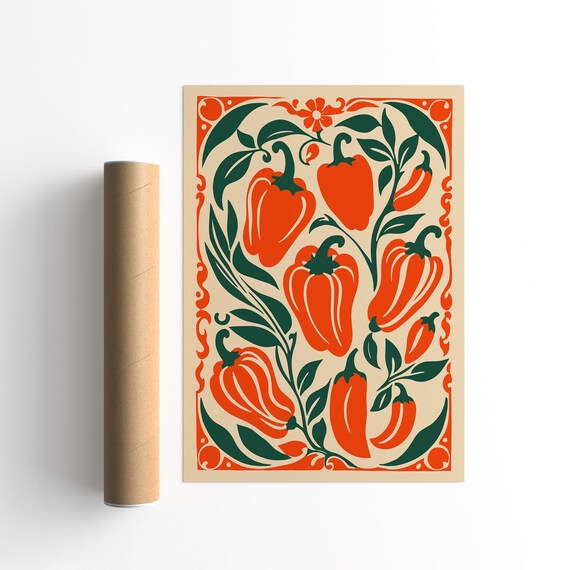 Folk Art Bell Peppers Poster Trendy Kitchen Wall Decor Colorful Vegetable Print Rustic Farmhouse Style Foodie Wall Art Kitchen Decor