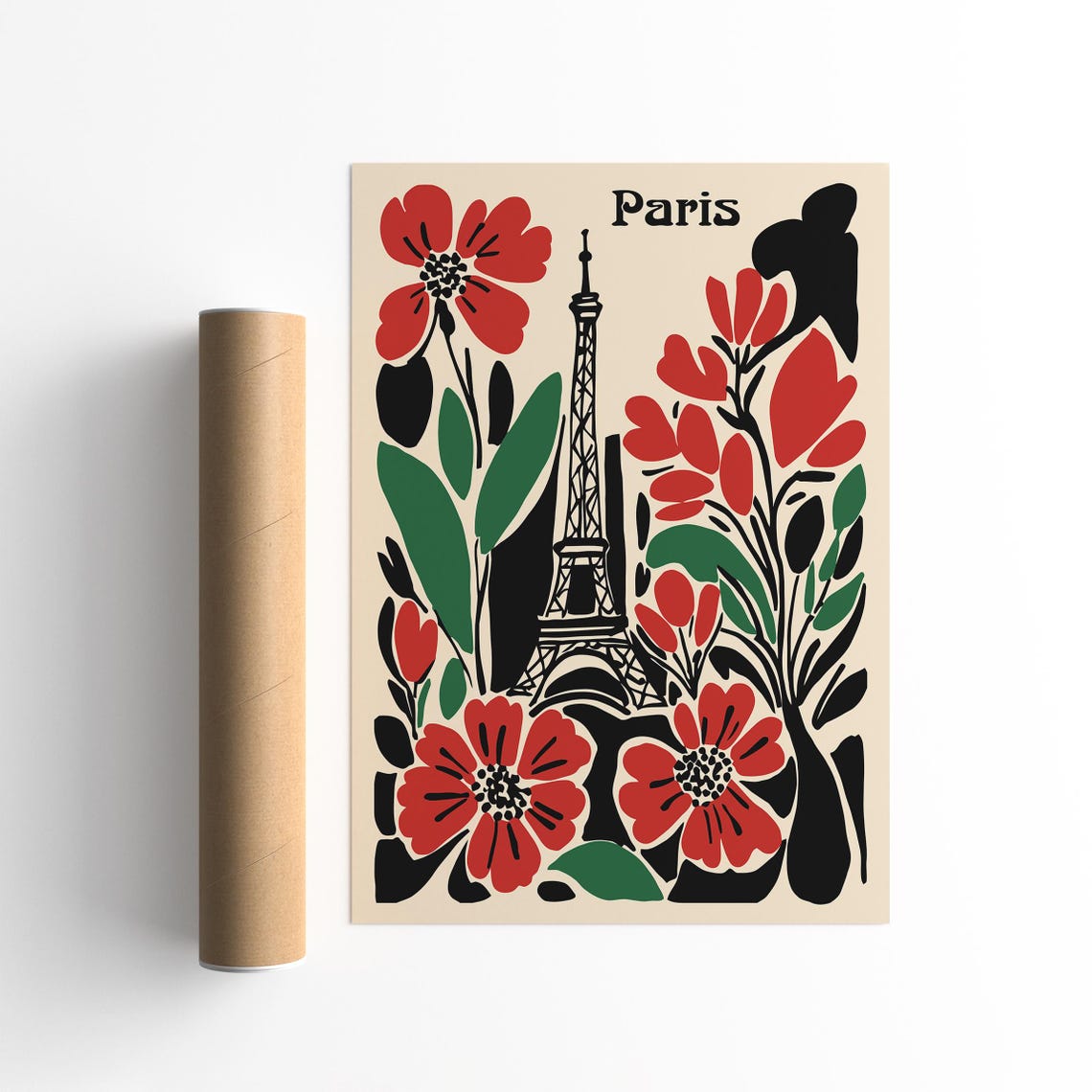 Bold Matisse Style Paris Eiffel Tower Red Floral Flower Art Poster