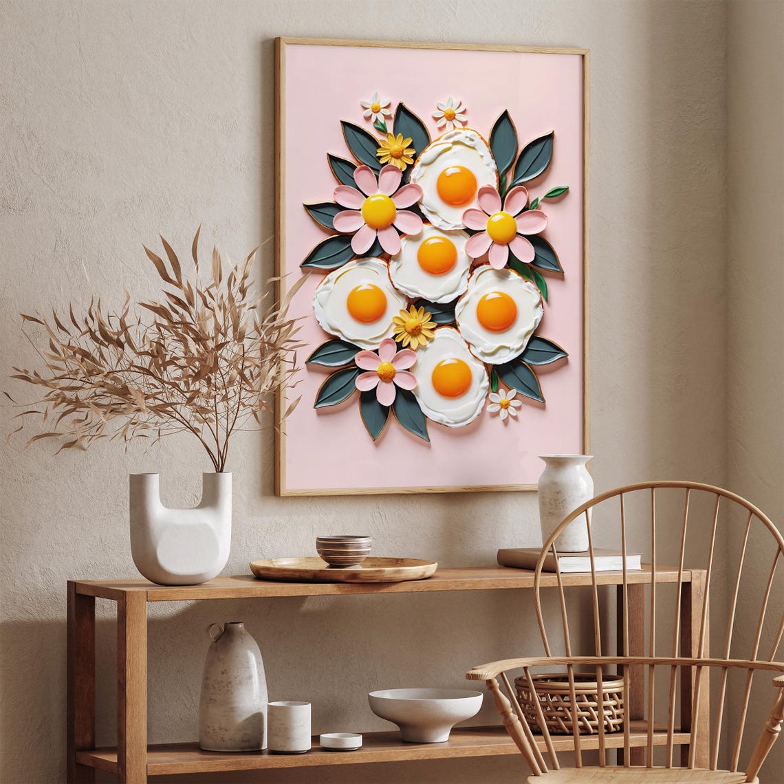 Fried Eggs and Pink Flowers Quirky Blush Pink Kitchen Art Poster - Image 3
