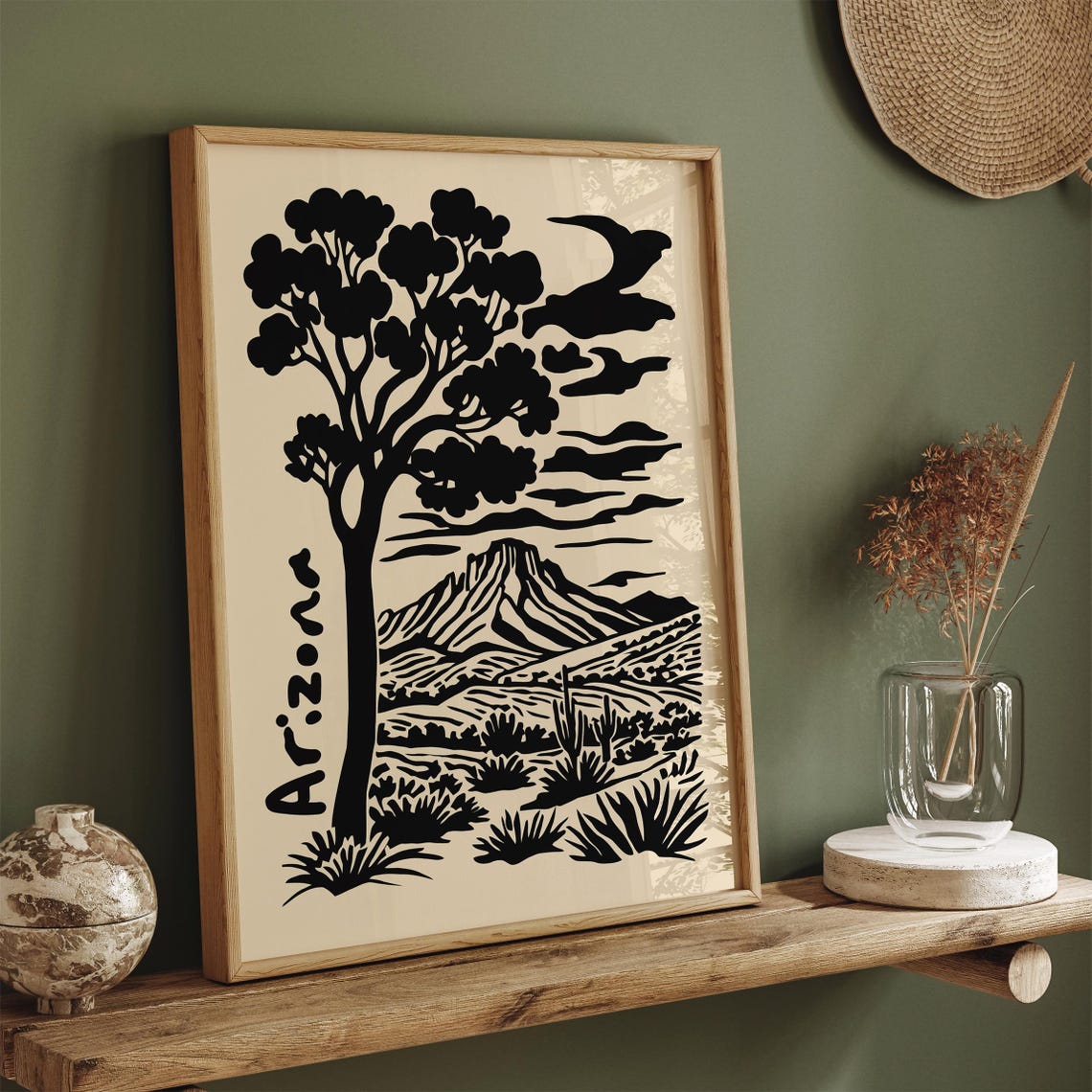 Arizona Black Ink Tree Mountain Desert Silhouette Graphic Poster - Image 3