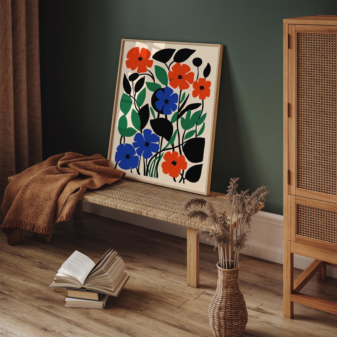 Abstract Flower Field Poster Orange and Blue Blooms on Cream Paper - Image 3