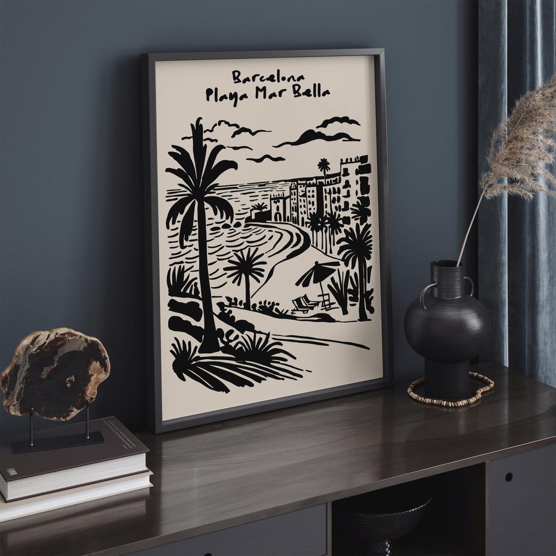 Barcelona Playa Mar Bella Palm Beach Coastal Travel Scene Poster - Image 3