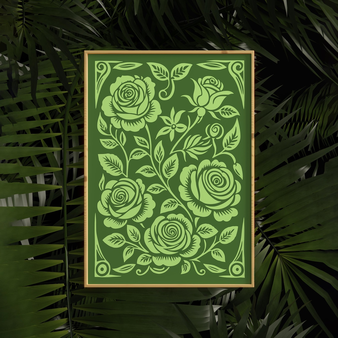 Lime Green Roses Monochrome Vintage Floral Botanical Art Poster