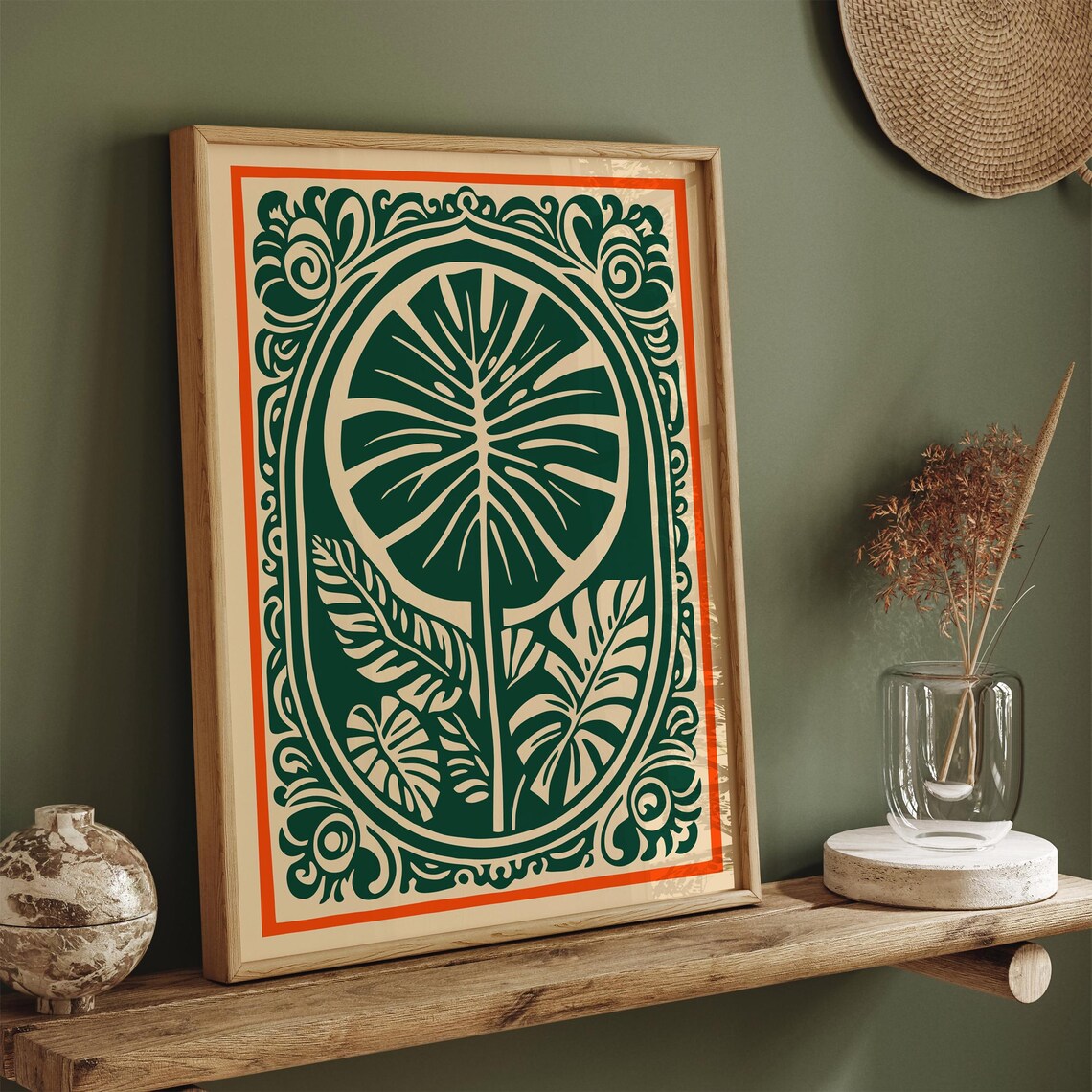 Green Monstera Leaf Design in Orange Border Botanical Poster - Image 3