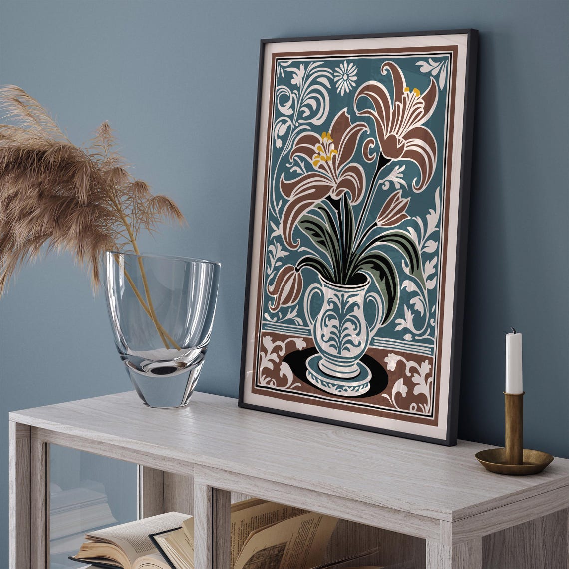 Art Nouveau Lilies In A Decorative Vase Floral Poster In Teal - Image 4