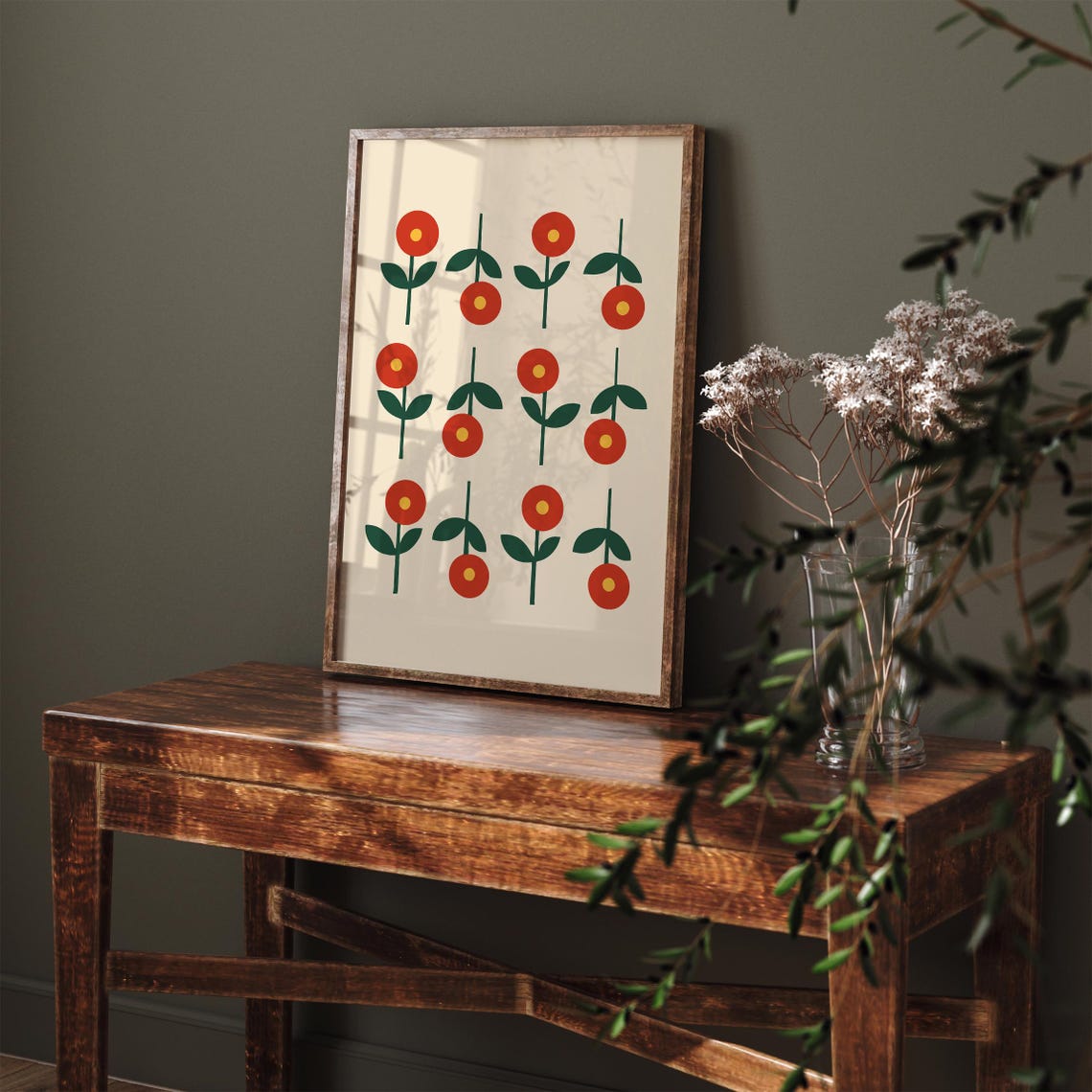 Mid Century Modern Red Flowers Simple Floral Pattern Art Print - Image 5