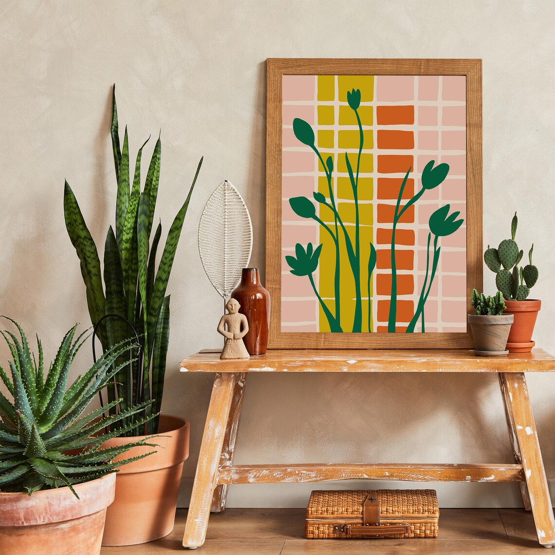 Green Tulip Silhouettes Warm Peach Grid Botanical Art Poster - Image 5