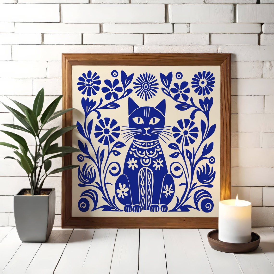 Whimsical Blue Folk Art Cat With Flowers Charming Decor Poster - Image 3
