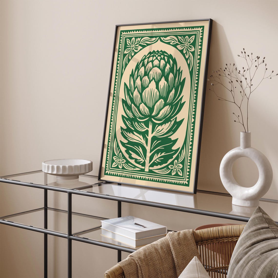 Green Artichoke Botanical Folk Linocut Style Kitchen Wall Poster - Image 2