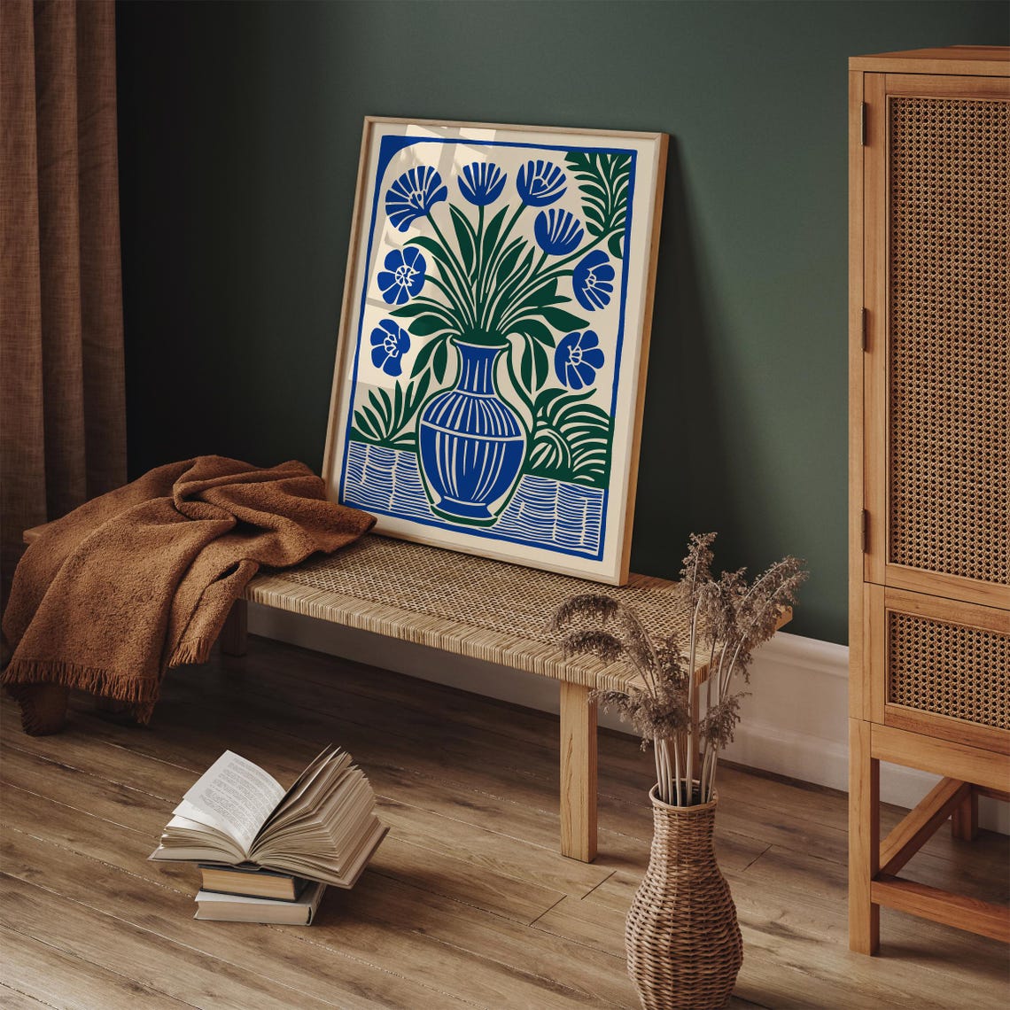Vintage Modern Woodcut Blue Green Floral Vase Linocut Poster - Image 4