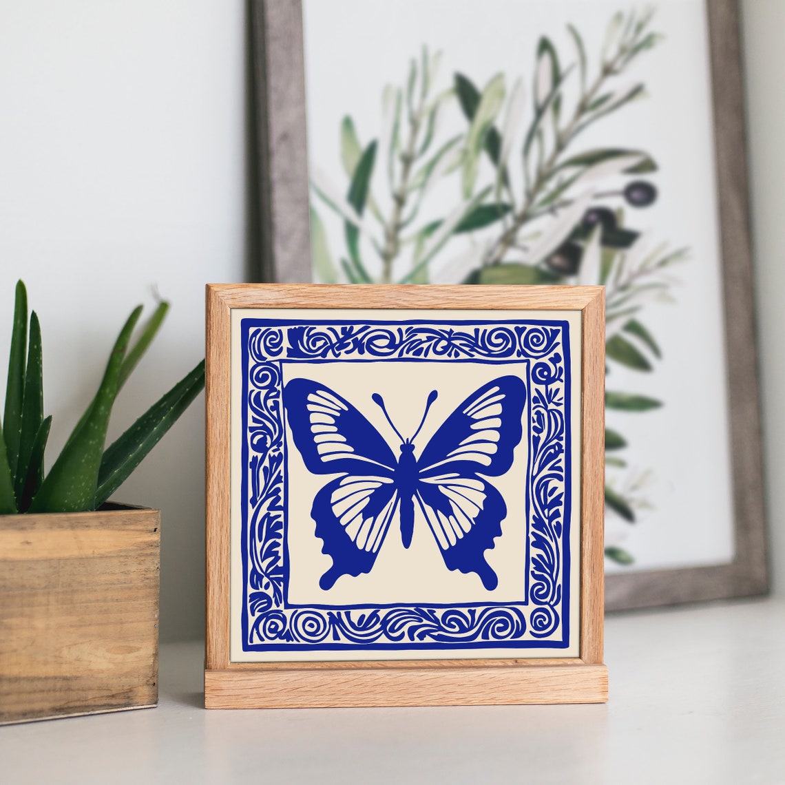 Blue Butterfly Tile Pattern Vintage Nature Scene Deco Poster - Image 6