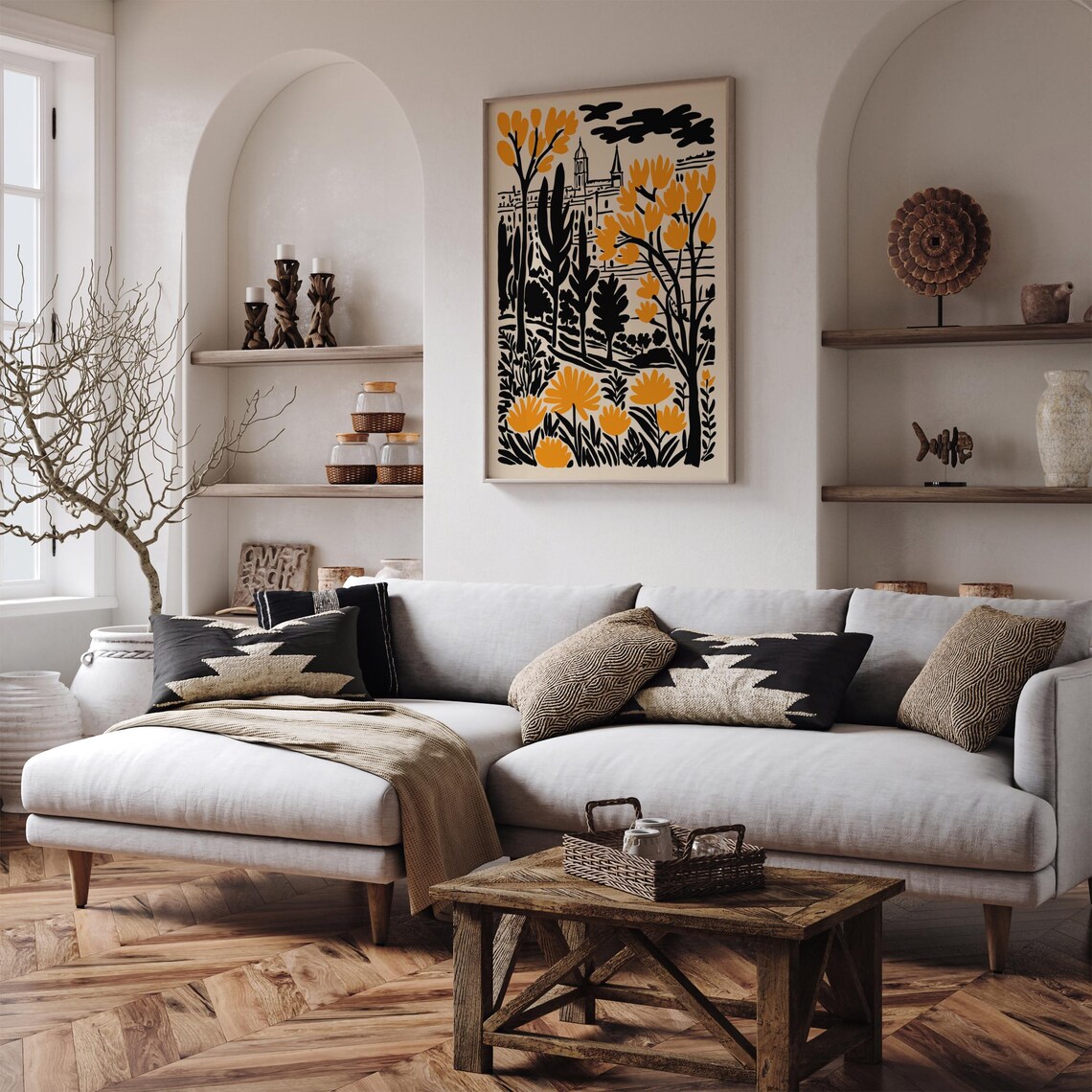 French Countryside Church Poster With Black and Orange Autumn Trees - Image 3
