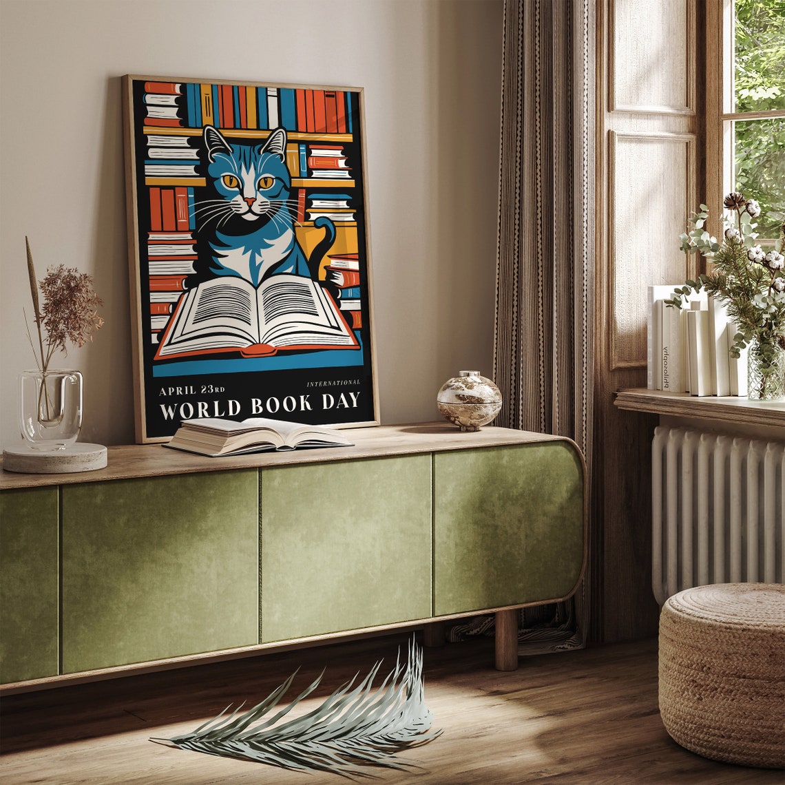 World Book Day Blue Cat Reading Library Bookshelf Art Poster - Image 3