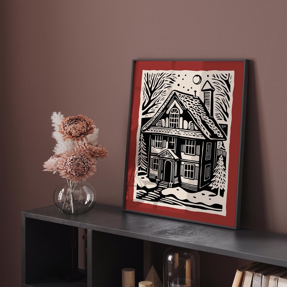 Snowy Winter House Linocut Cozy Cottage Woodcut Holiday Style Poster - Image 5