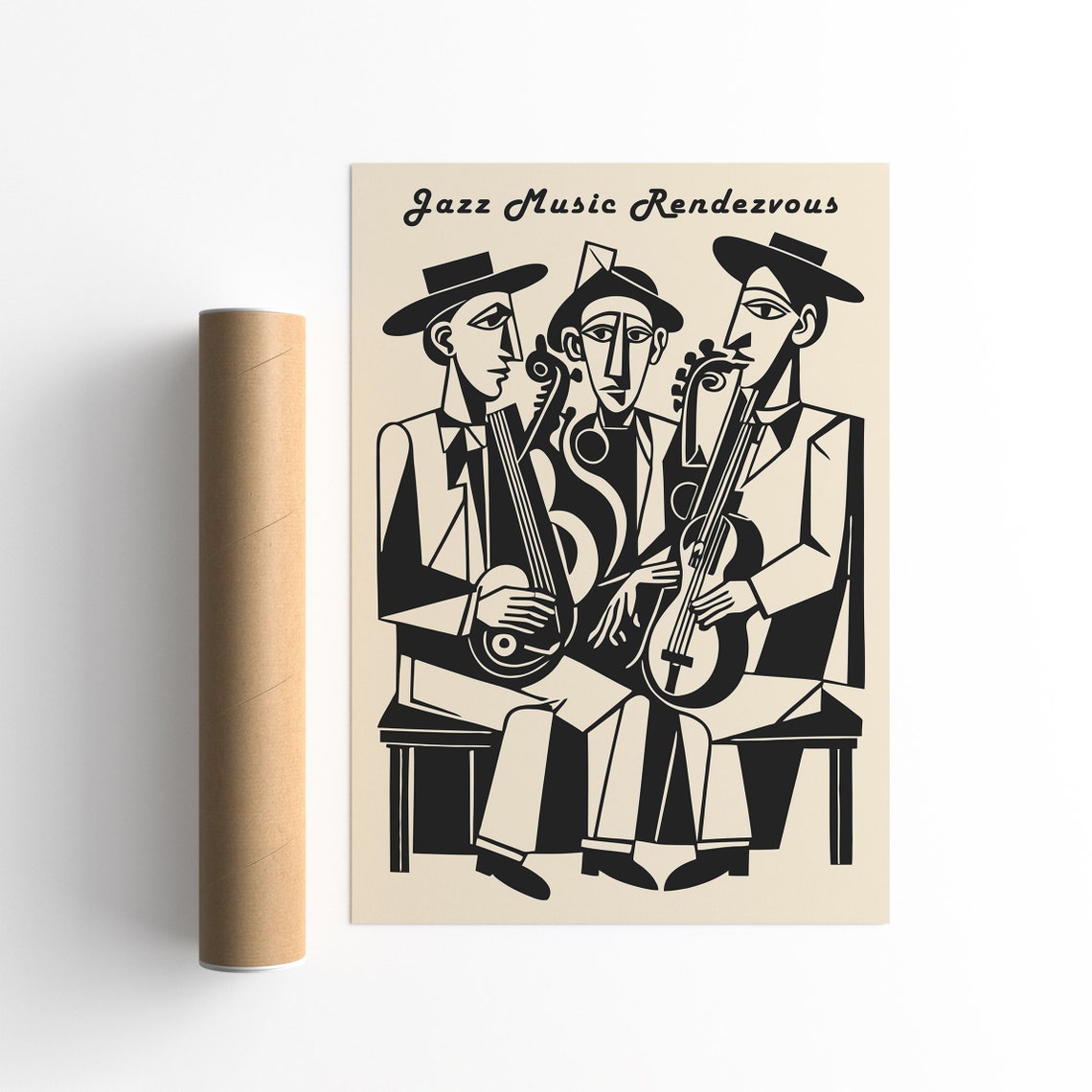 Jazz Music Rendezvous Black and White Cubist Jazz Trio Poster - Image 4