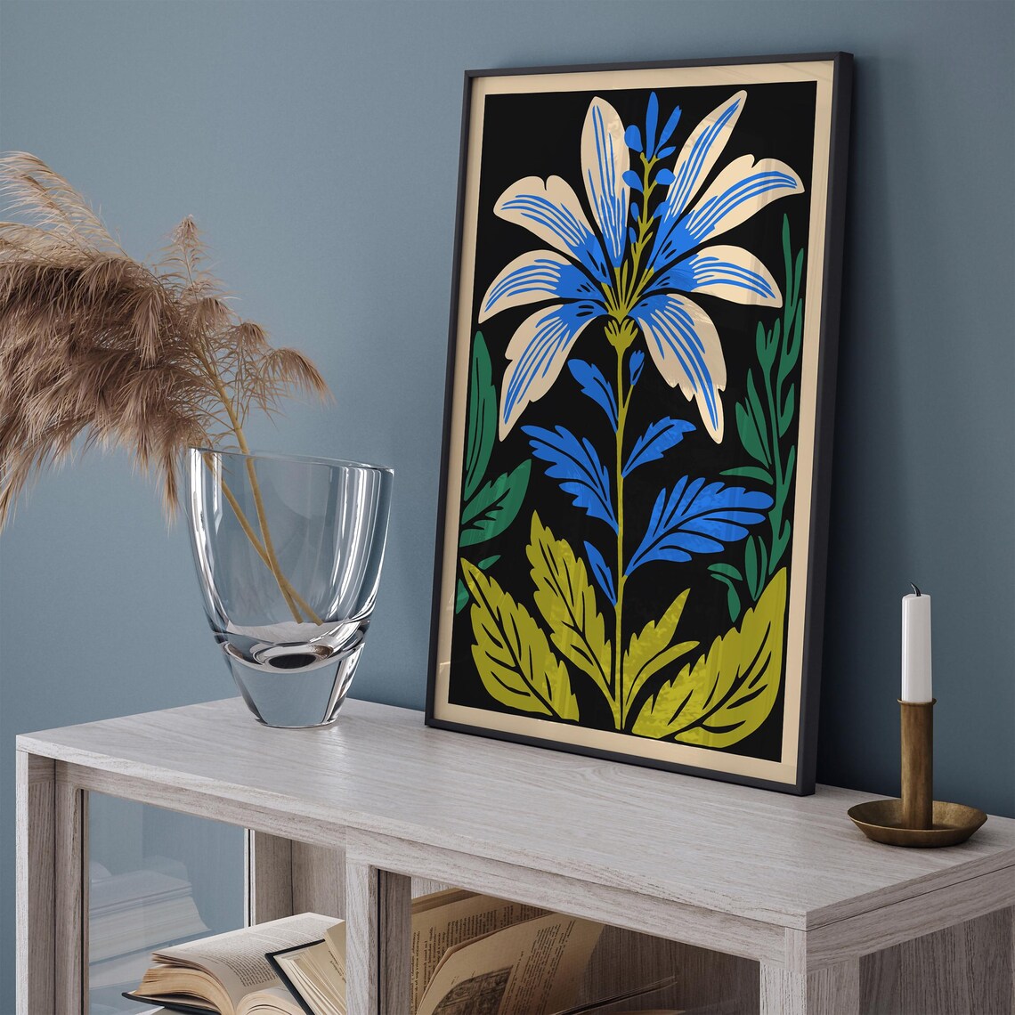 Blue and White Lily Folk Art Flower on Black Background Poster - Image 3