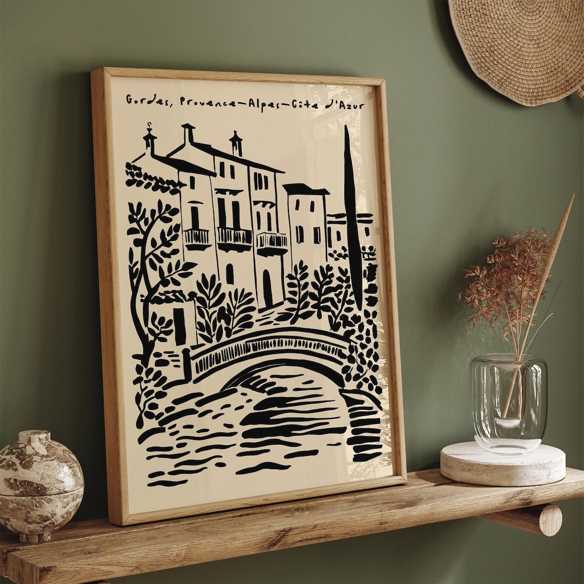 Gordes Provence Village Bridge Black Ink French Travel Poster