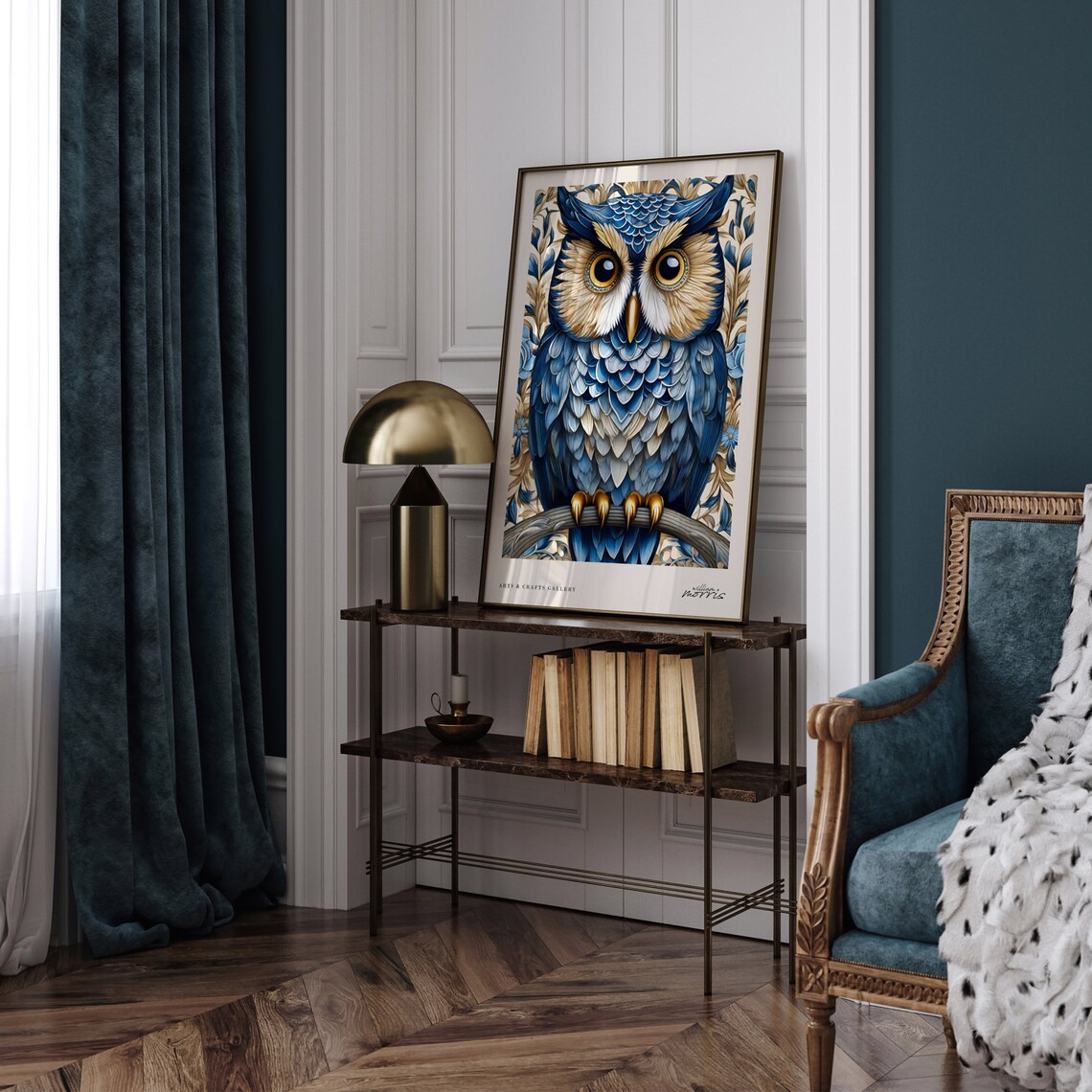 Blue Victorian Owl Arts and Crafts Gallery Bird Portrait Poster - Image 4