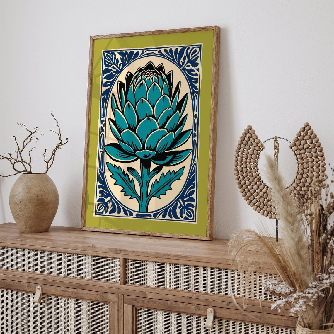 Green Artichoke Botanical Blue Frame Modern Kitchen Wall Poster - Image 4