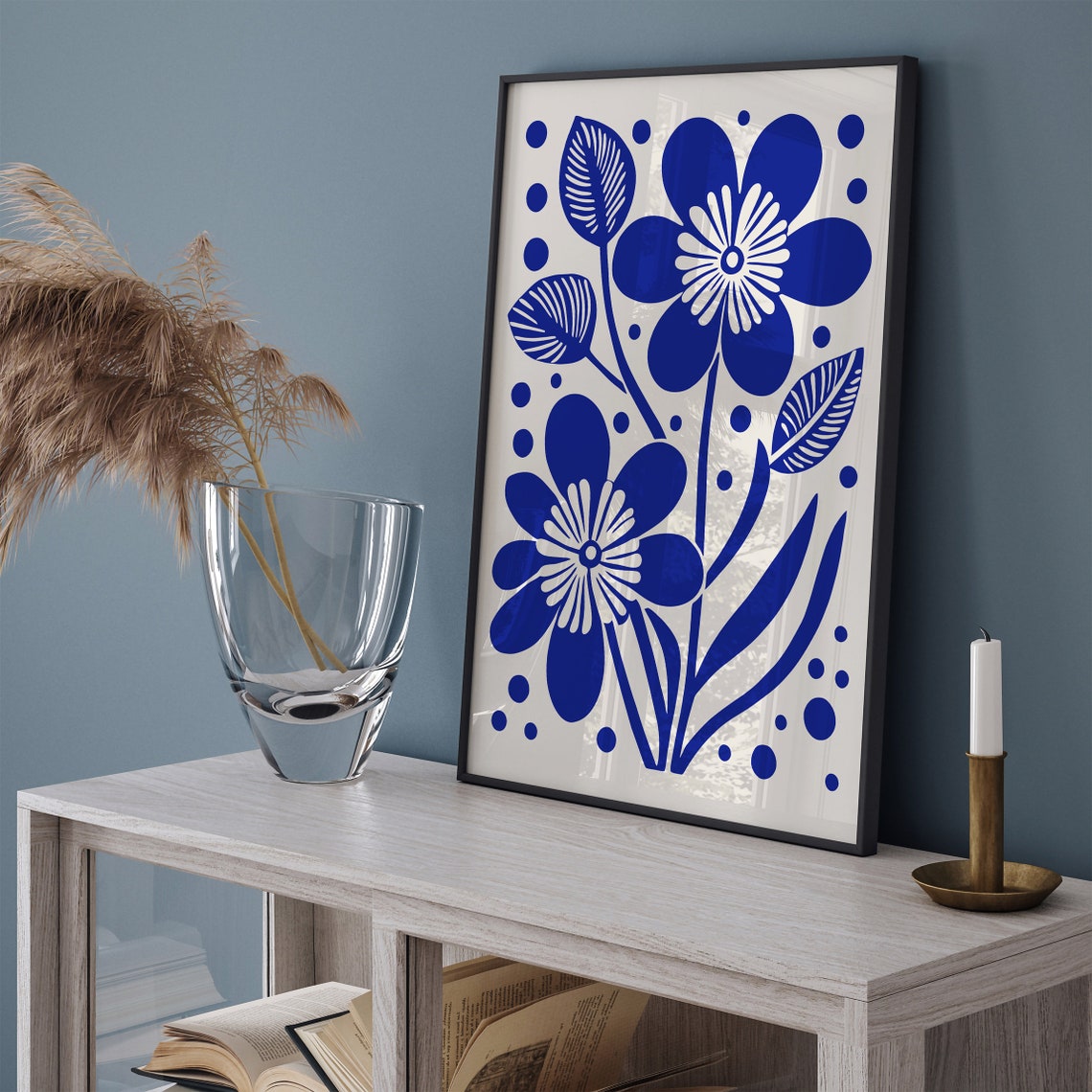Royal Blue Indigo Flowers Bold Botanical Folk Style Art Print - Image 3