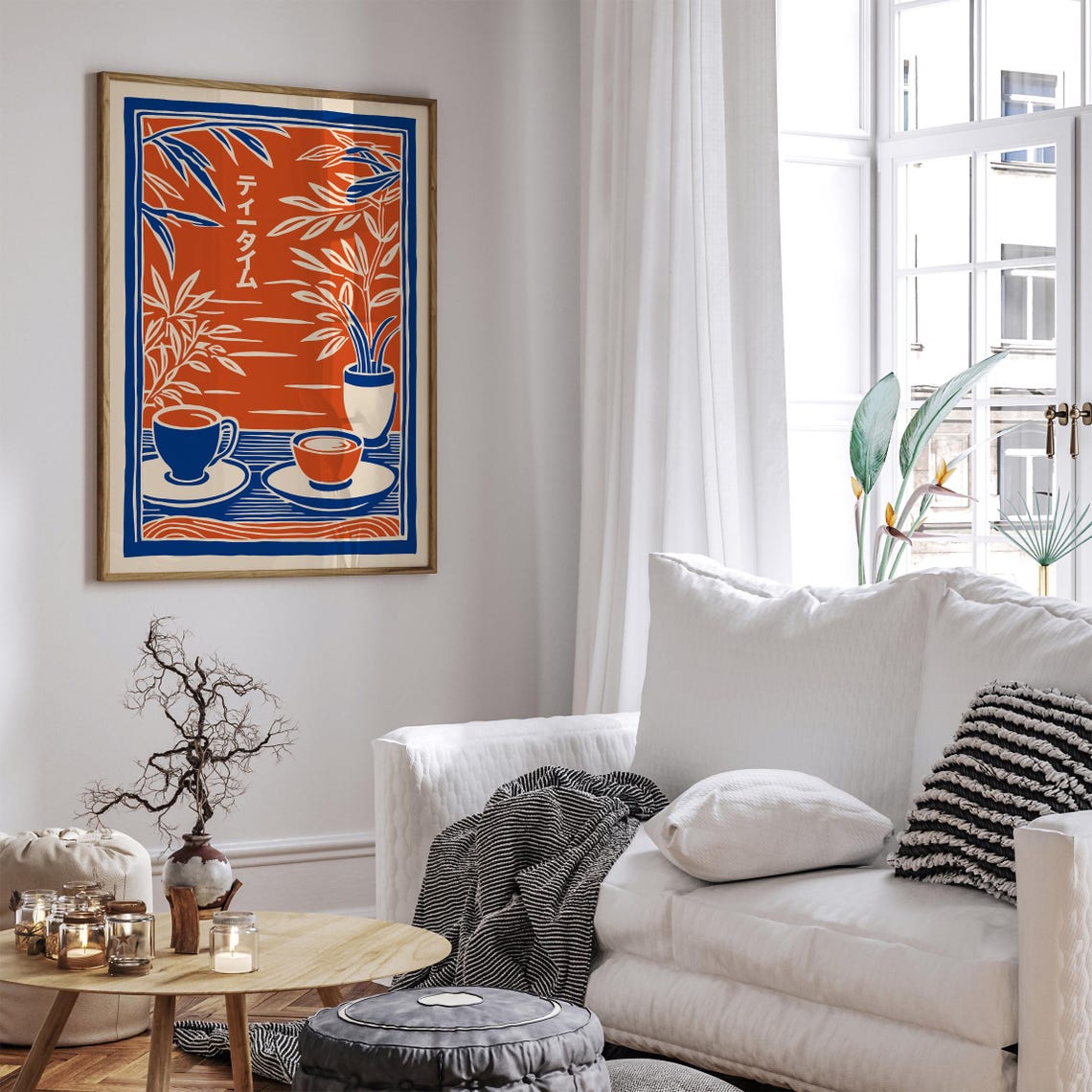Japanese Tea Time Orange and Blue Cups Bamboo Zen Kitchen Art Poster - Image 5