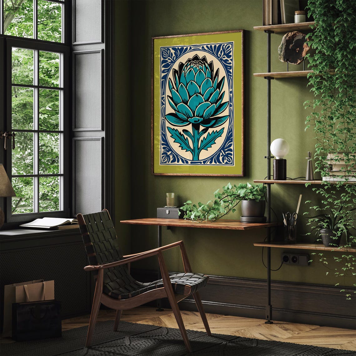 Green Artichoke Botanical Blue Frame Modern Kitchen Wall Poster - Image 3