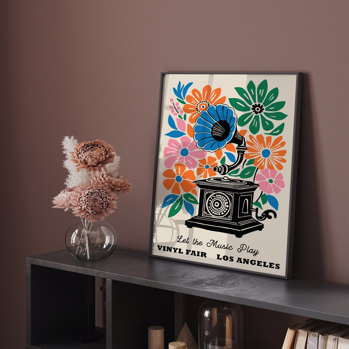 Let the Music Play Vinyl Fair Los Angeles Floral Gramophone Poster - Image 2