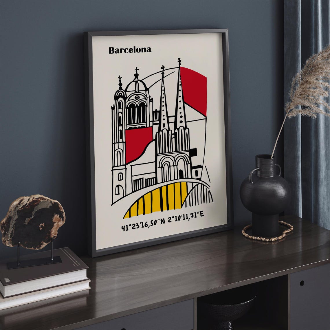 Barcelona Red Yellow Cathedral Line Art Coordinates Map Poster - Image 3