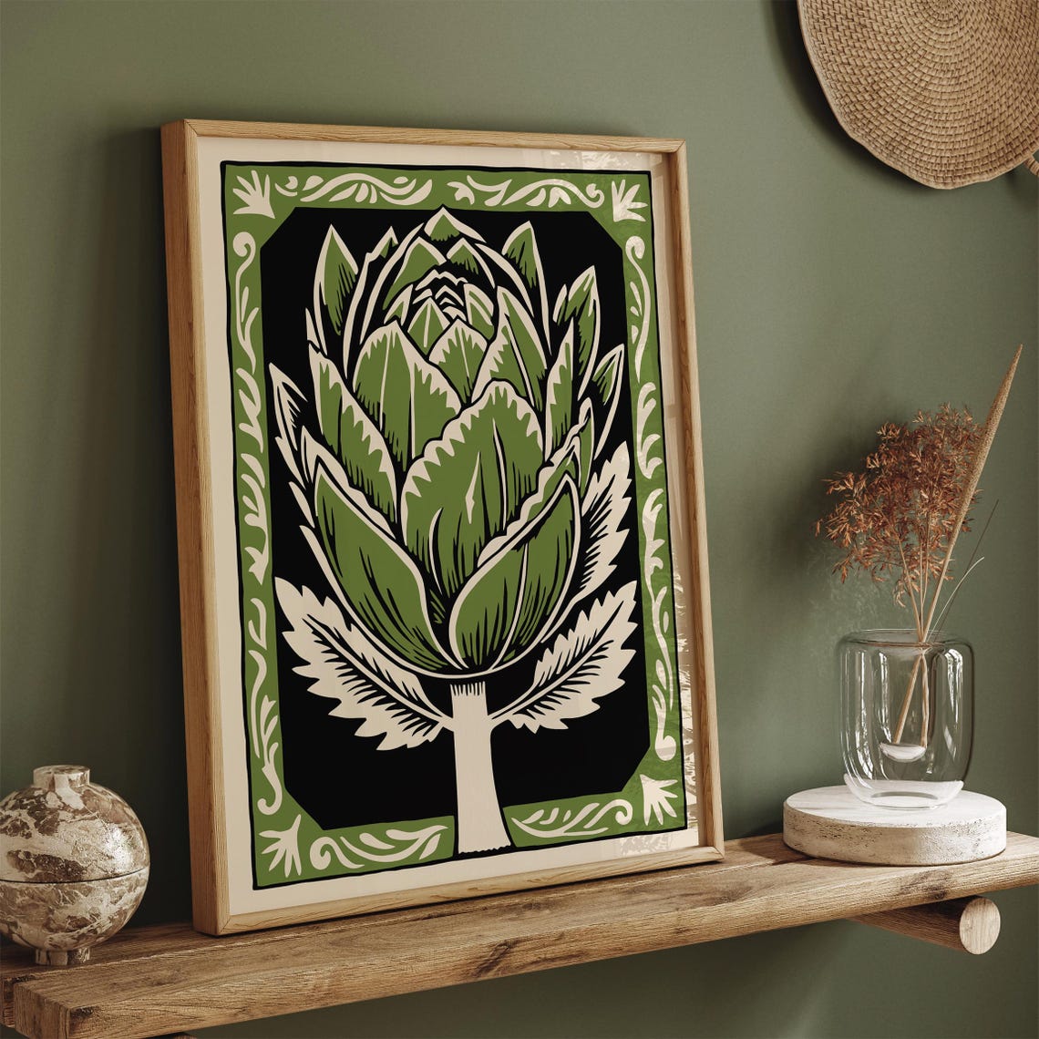 Green Artichoke Linocut in Ornate Border Farmhouse Kitchen Poster