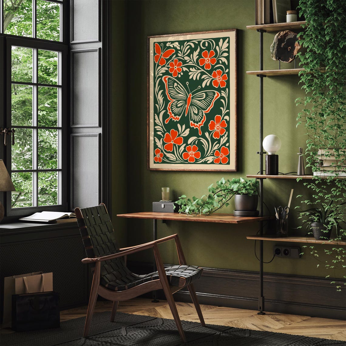 Orange Butterfly Folk Botanical Floral Linocut Nature Decor Poster - Image 4