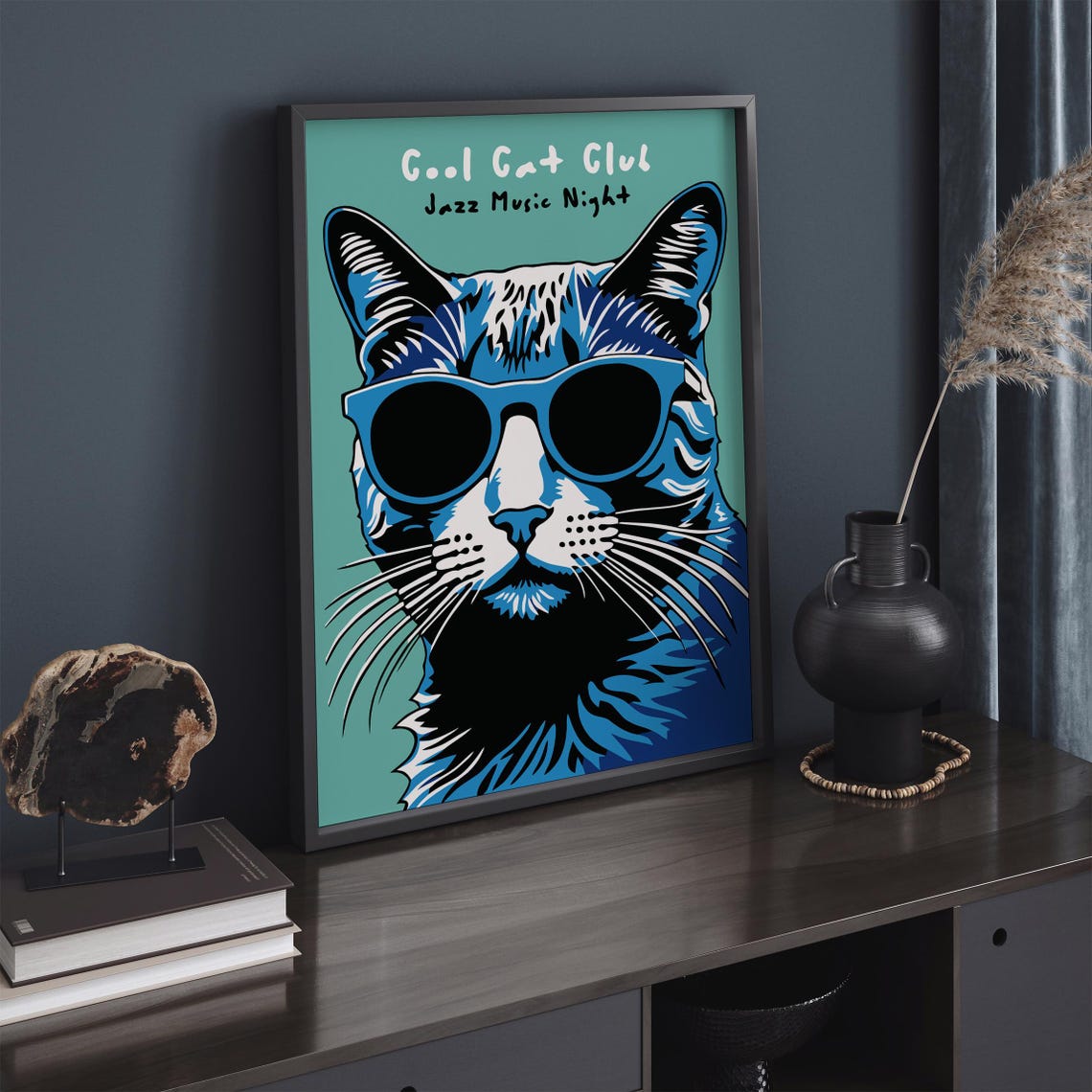 Cool Cat Club Jazz Music Night Blue Cat Sunglasses Fun Poster - Image 5