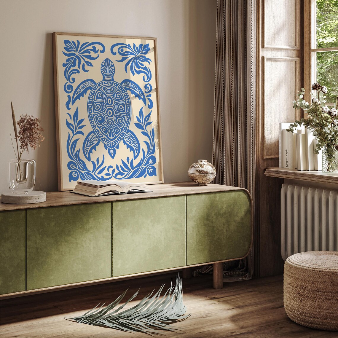 Blue Patterned Sea Turtle Folk Art Ocean Animal Wall Decor Poster - Image 3