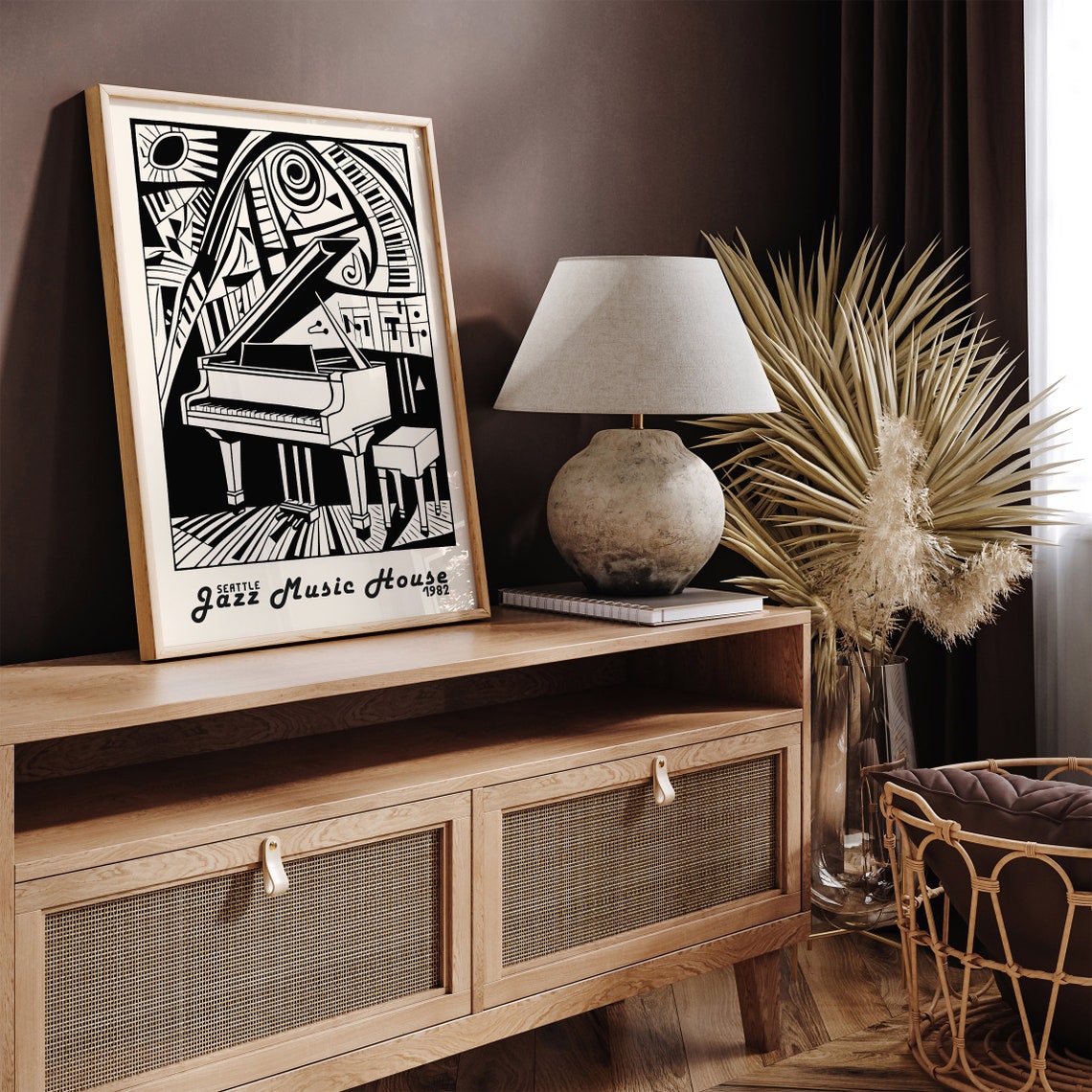 Retro White Seattle 1982 Jazz Music House Black Piano Poster - Image 3